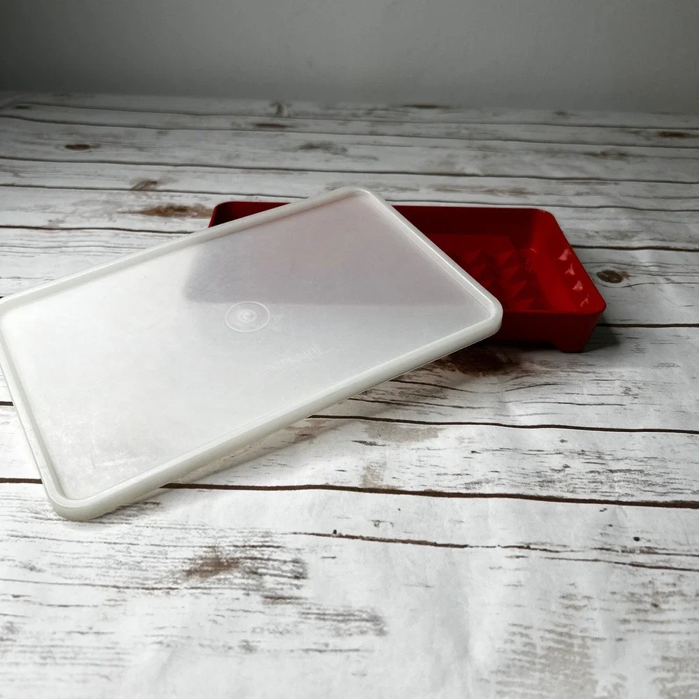 Tupperware Bacon Deli Meat Keeper Red‎ Base Sheer Lid 9.5x6.5x1.25 Vintage OS